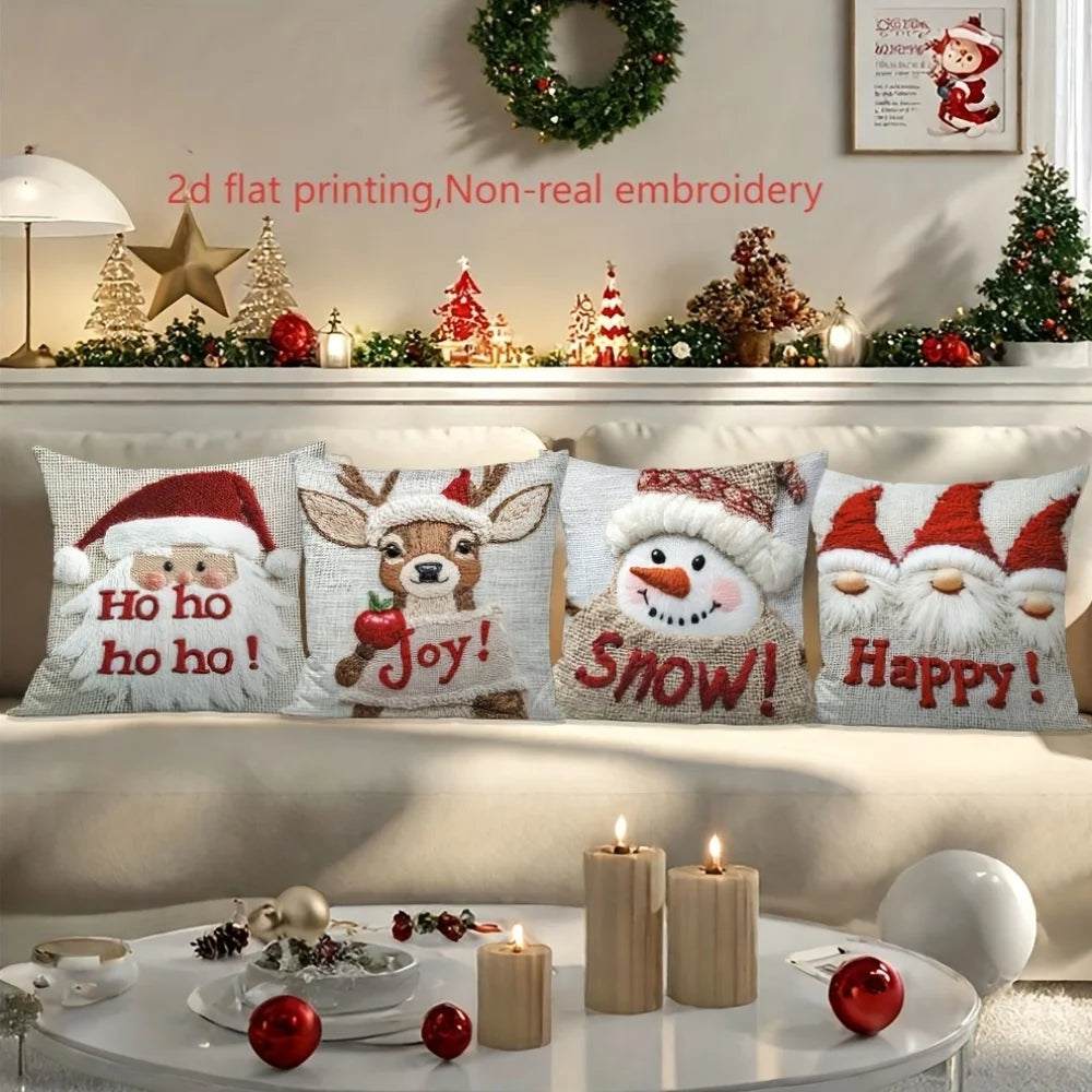 4Pcs Christmas Throw Pillow Covers 17.72x17.72in Santa Snowman Gnome Designs Zippered Washable for Home Sofa Bedroom Decor