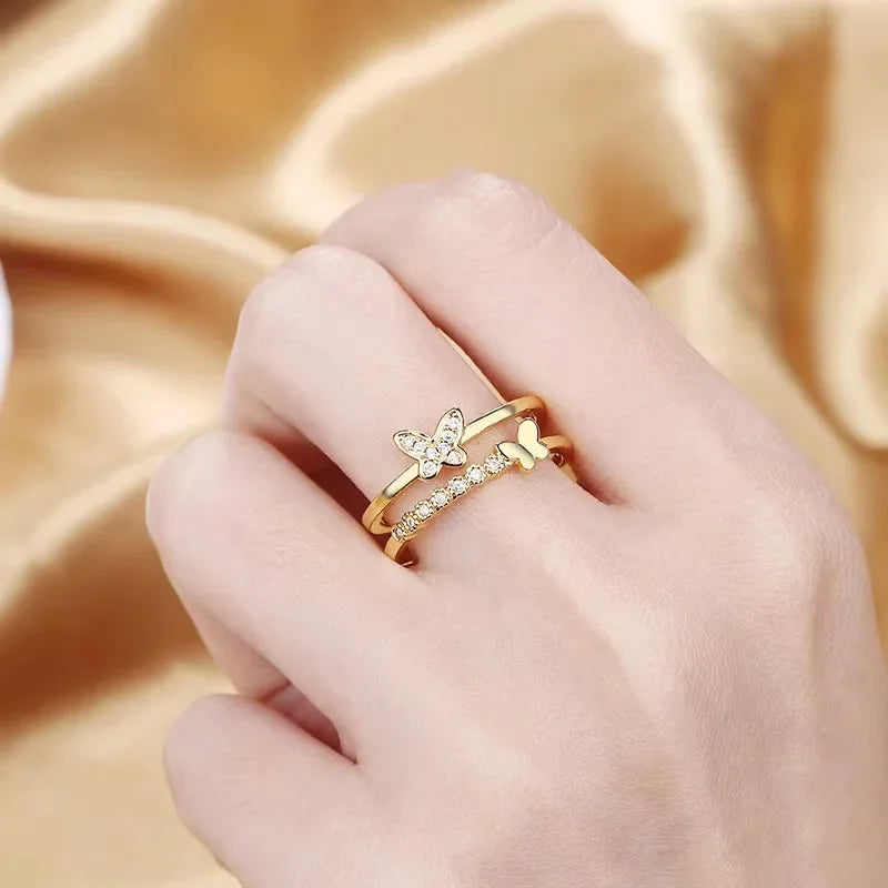 Exquisite Zircon Double Opening Butterfly Ring for Woman Fashion Jewelry 2025 New Wedding Party Luxury Accessories Rings Gifts