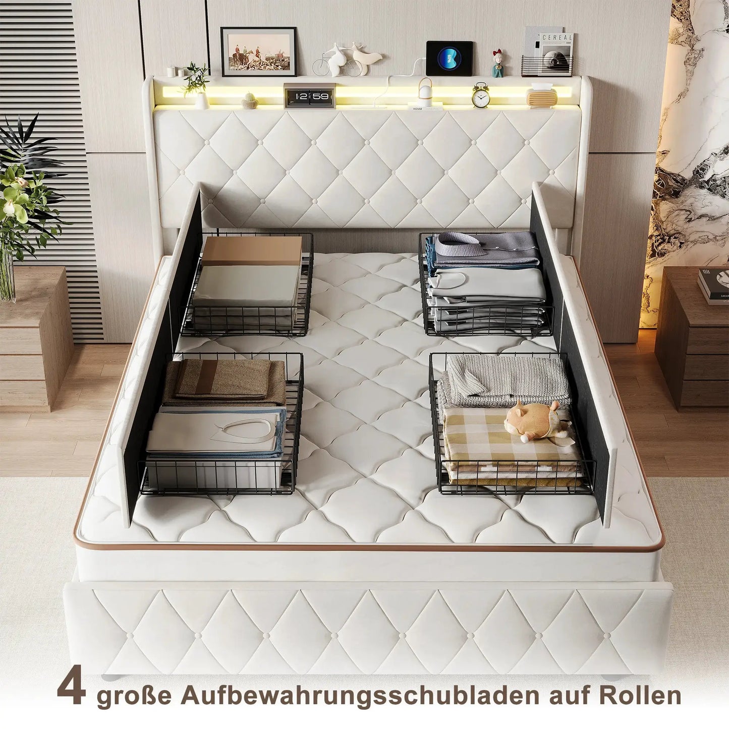 Gepolstertes Bett LED Beleuchtung USB Ladeanschluss Vier Schubladen