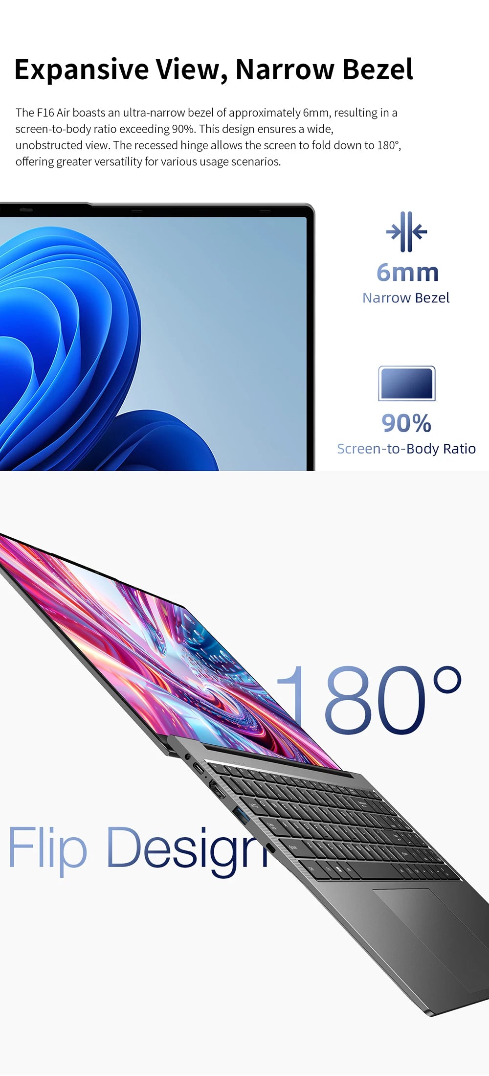 Teclast F16Air Laptop 16.1 Zoll - Intel N95, 16GB RAM, 512GB SSD, FHD IPS Display, Beleuchtete Tastatur