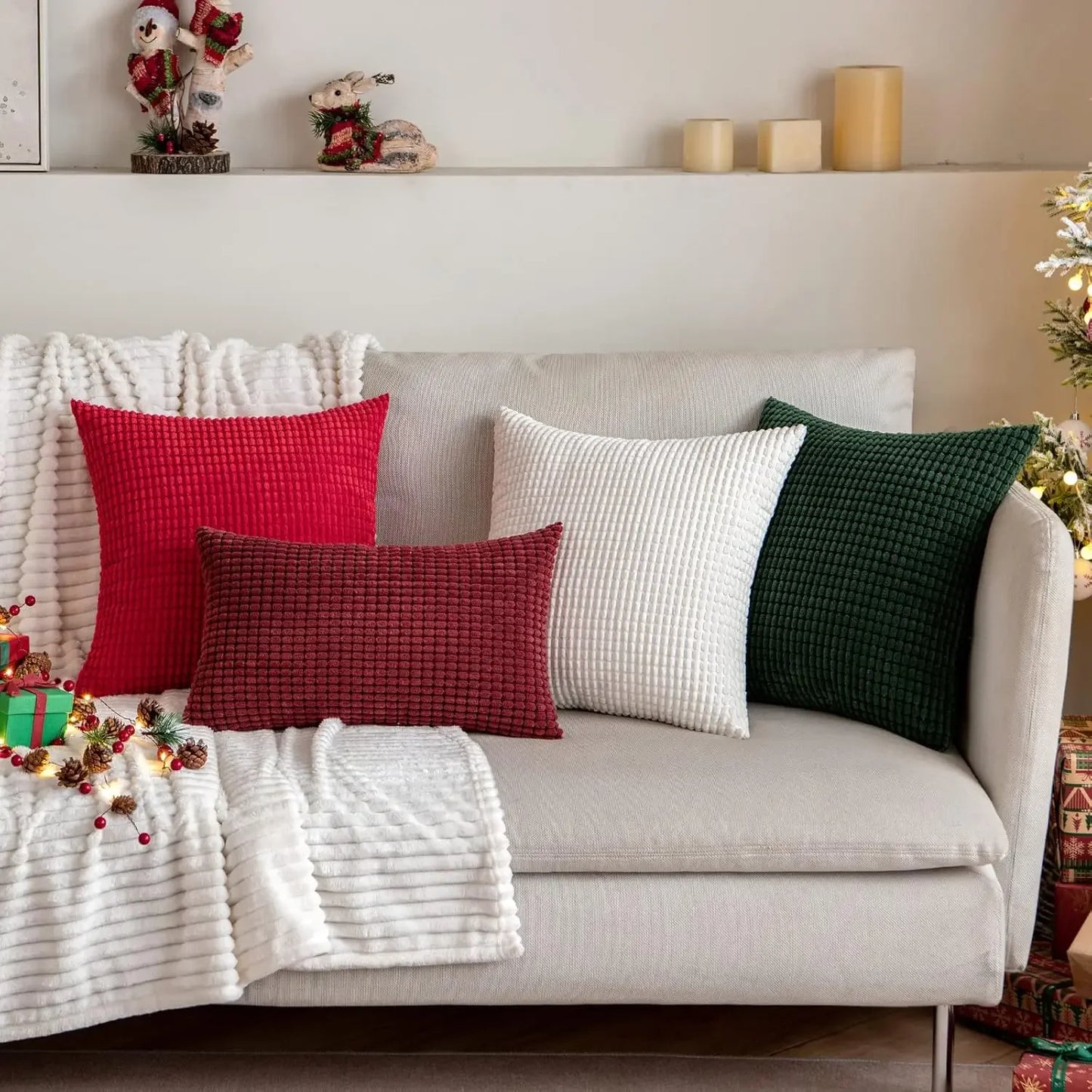 Christmas Red Throw Pillow Covers Decorative Christmas Pillow Covers Soft Corduroy Lumbar Pillow Covers, Cushion Case Home Decor