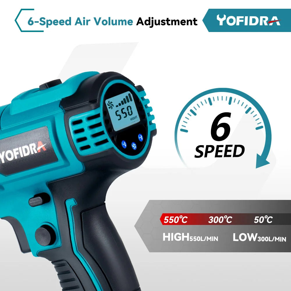 Yofidra 2500W Electric Hot Air Gun - 6 Gears Adjustable LED Temperature Display Soldering Thermal Blower For 21V 18V Battery