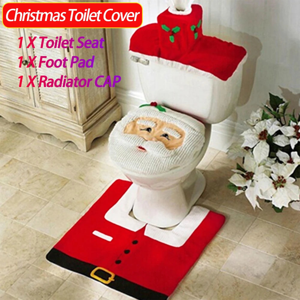 3PCS Christmas Toilet Seat Cover Creative 3D Xmas Cute Cartoon Santa Claus Toilet Cover for Bathroom Decor Supplies