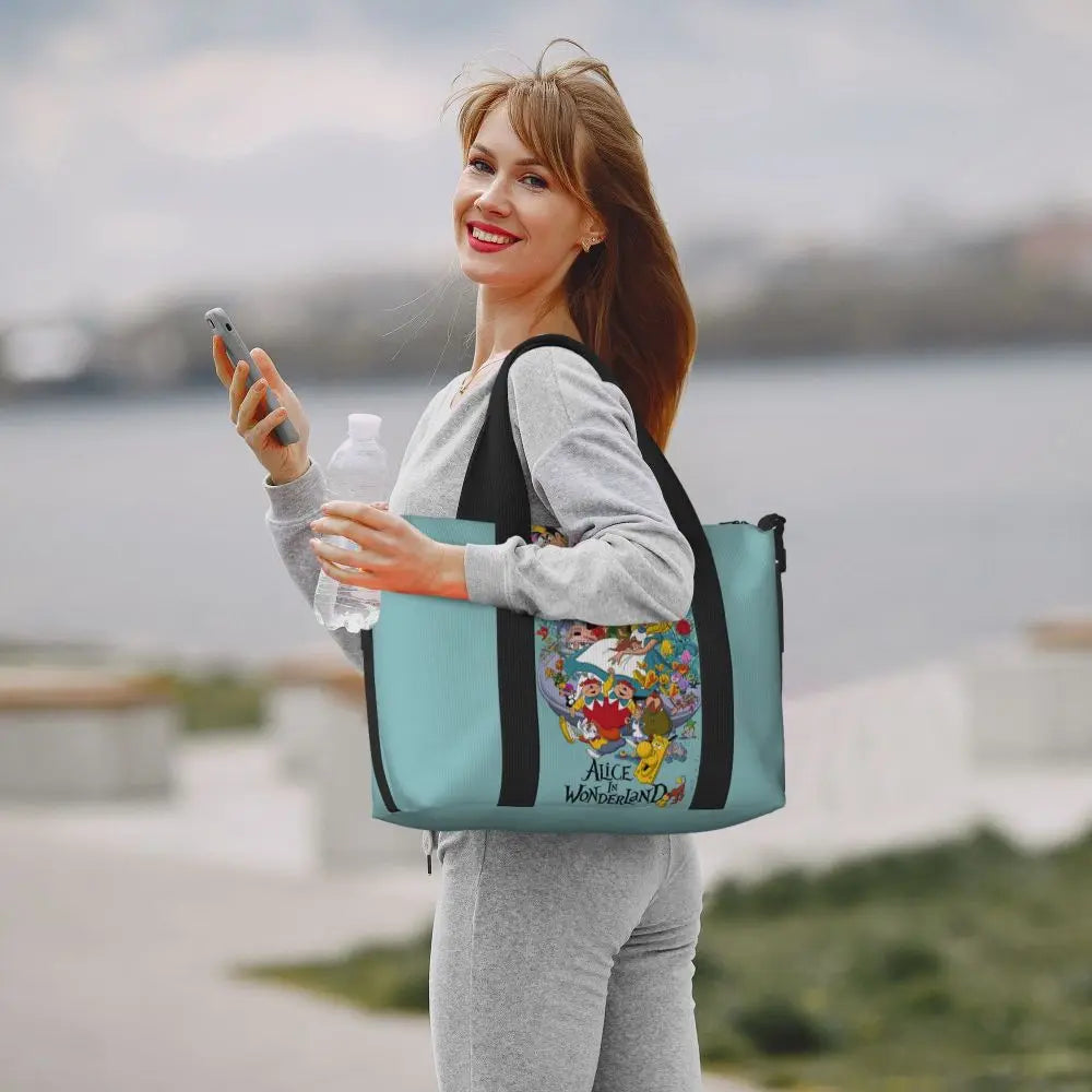 Custom Cheshire Cat Beach Tote Bag for Women We're All Mad Here Cat Big Compartment Gym Beach Travel Bags