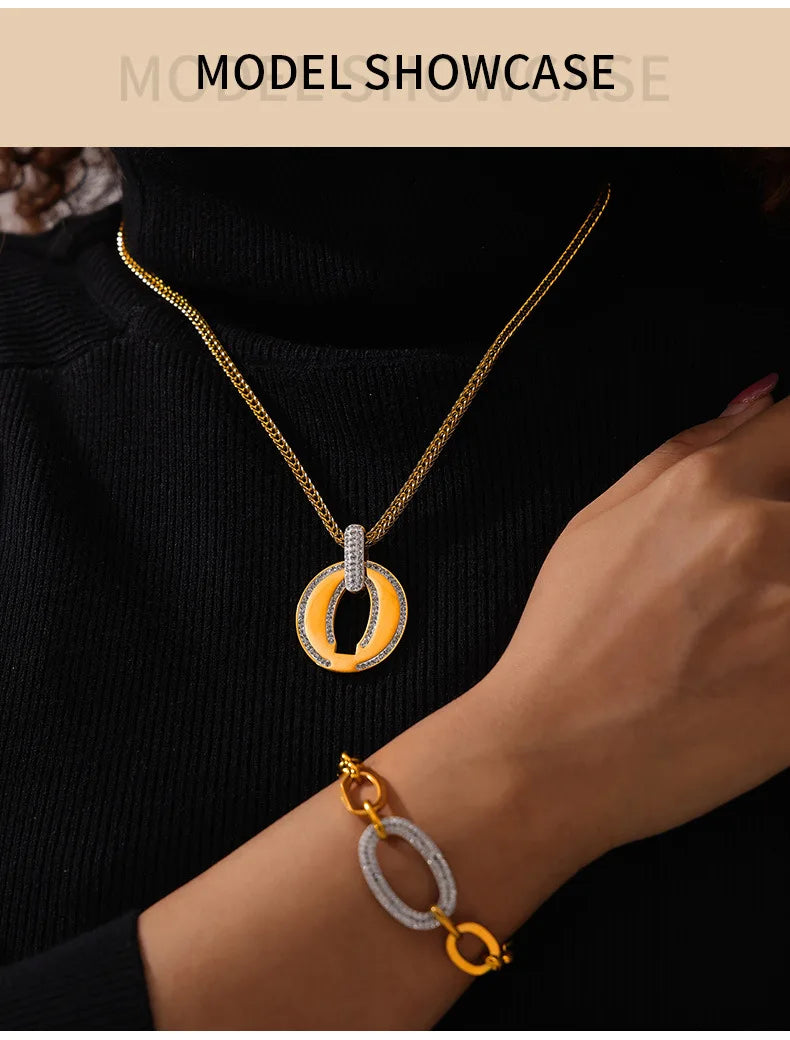Luxus Strass Runder Anhänger Halskette - Edelstahl Goldplattiert Armband Schmuck Set - Damen Hochzeit Accessoires