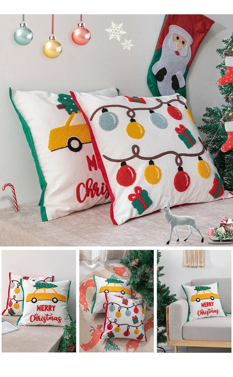 Decoration Cushion Cover Christmas Santa Snowflake Pillow Case Cotton Square Embroidery Pillow Cover 45x45cm