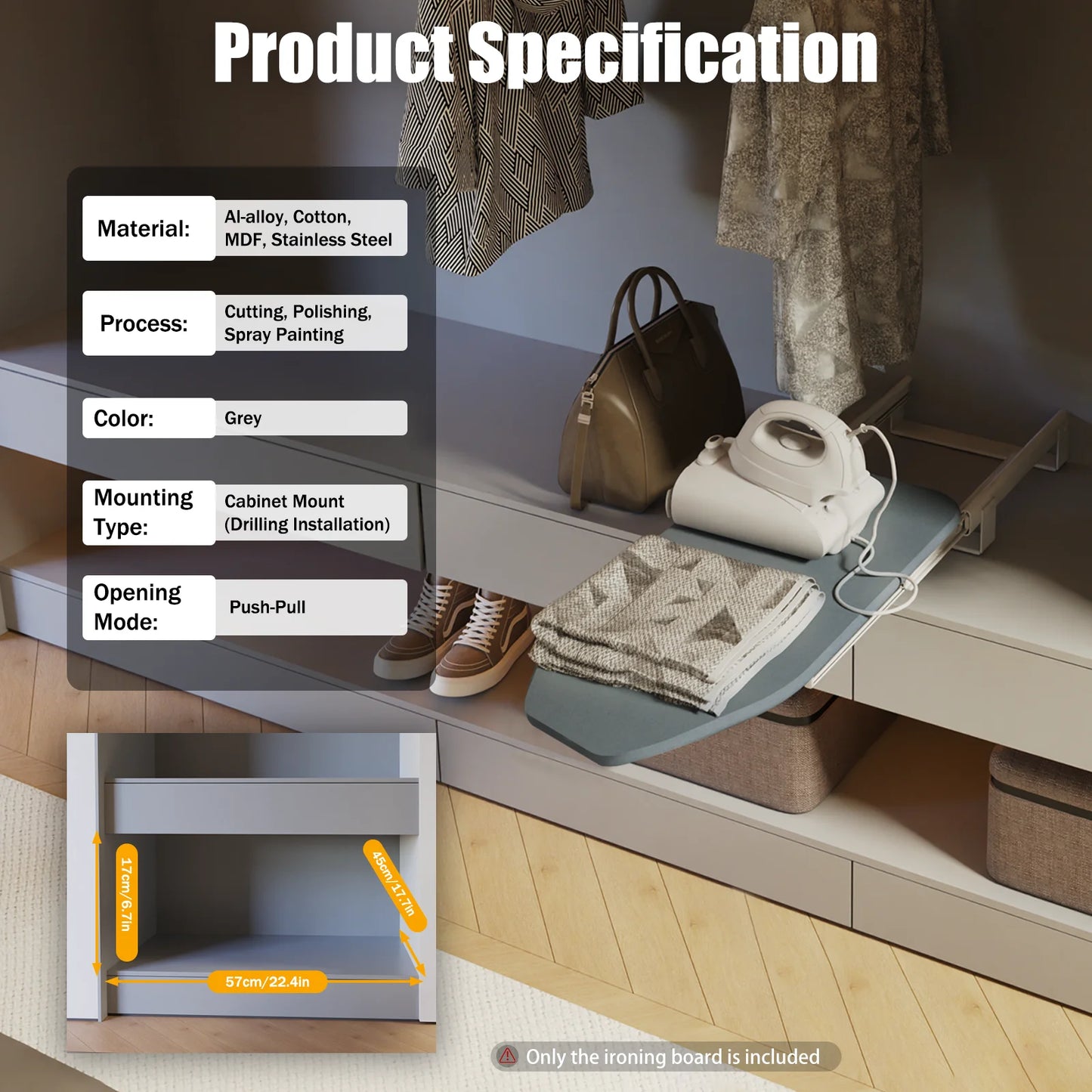 Faltbarer Bügelbrett-Schrank Grau 180 ° Rotation Pull-out Folding Für Verschiedene Kleidungsstücke