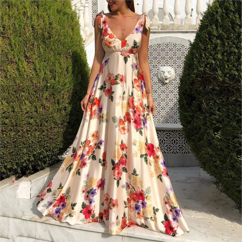 Backless women floral high waist large swing sleeveless long dresse