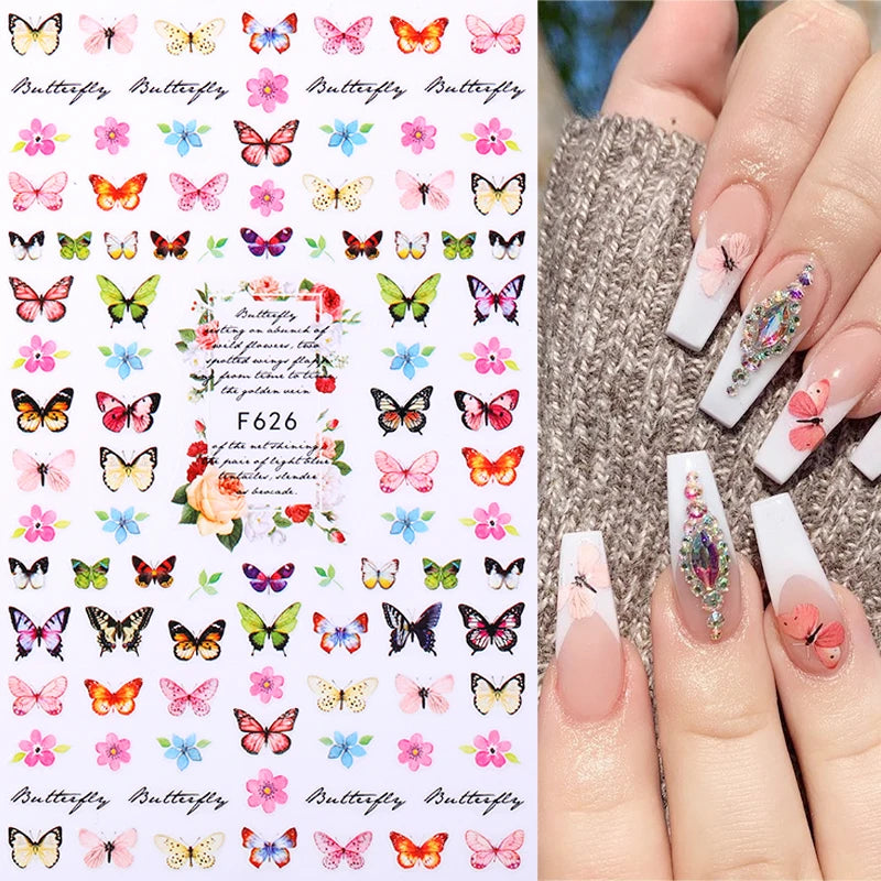 New Spring Fresh Flowers Butterfly 3D Nail Stickers Colorful Laser Butterflies Geometric Pattern Stickers Nail Decoration 1PCS
