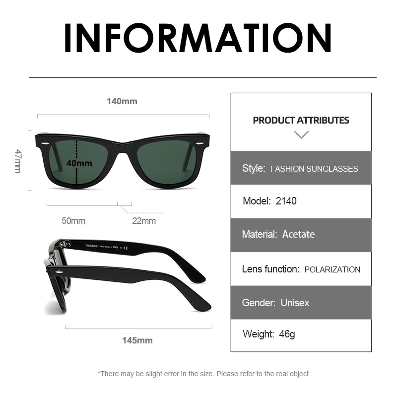 ROGBAE Trendige Sonnenbrille Herren Klassiker Glas Linse Acetat Sonnen Brille R2140 Luxus Marke Nieten Design Schutzbrille Damen Sonnenbrille