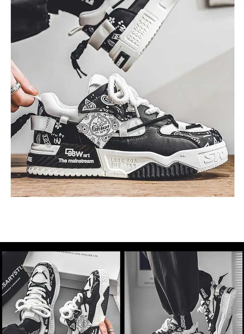 Mens Shoes 2025 Platform Sneakers New Trend Design Graffiti Skateboard Shoes Lace UP Soft Sole Non Slip Outdoor Sports Shoes