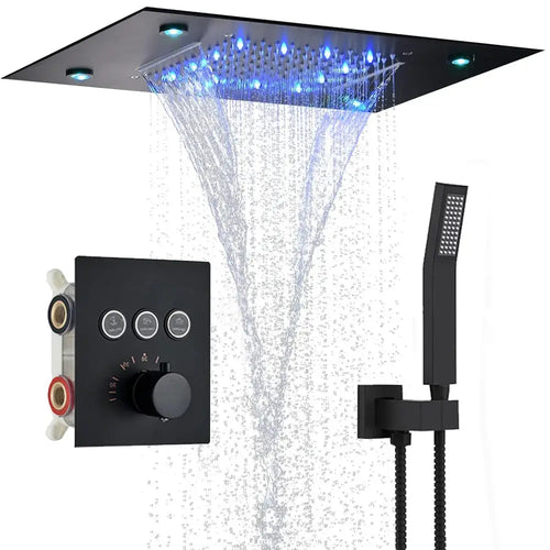 Digitales Display, thermostatisches Regenduschsystem-Set, 35,6 x 50,8 cm, Wasserfall-Regenduschkopf mit LED-Deckenbrause und Handbrause
