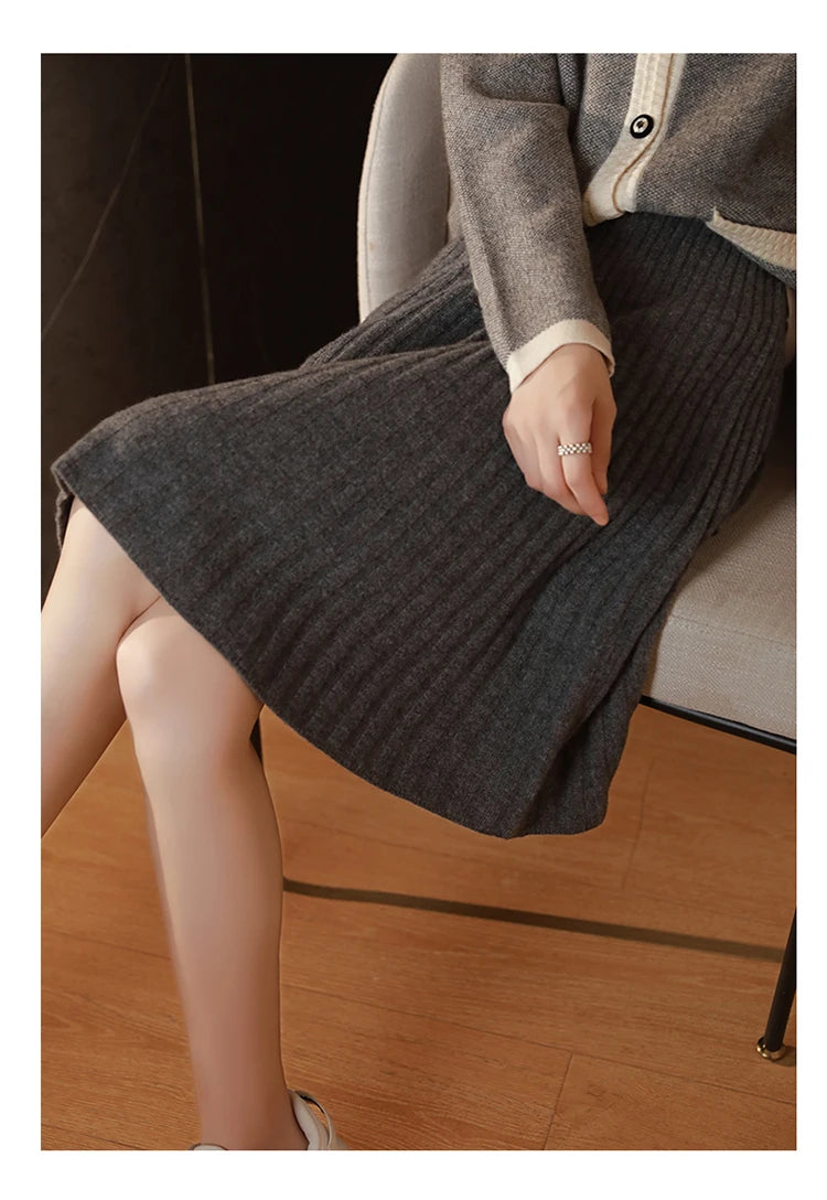 Elegant Women 100% Wool Knitted Skirt Korean Fashion Solid Casual A Line Ladies Pleated Short Skirt Spring Chic High Waist Skirt