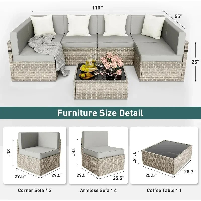 Patio Furniture Set, 7 Pieces Modular Outdoor Sectional, Patio Sectional Sofa Conversation Set, Rattan Sofa with Coffee Table