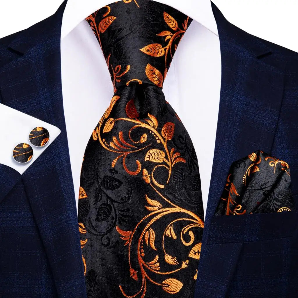 Hi-Tie Seiden-Herren-Krawatten-Set Blumenmuster Gelb Gold Krawatten und Taschentücher Manschettenknöpfe-Set Herren-Hochzeits-Party-Anzug-Mode-Halskrawatte C-3053
