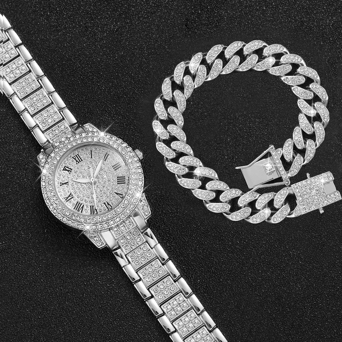 Damen-Uhren 2025: 2PCS Fashion Diamond Gold - Luxury Rhinestone Bracelet Watches Ladies Collection