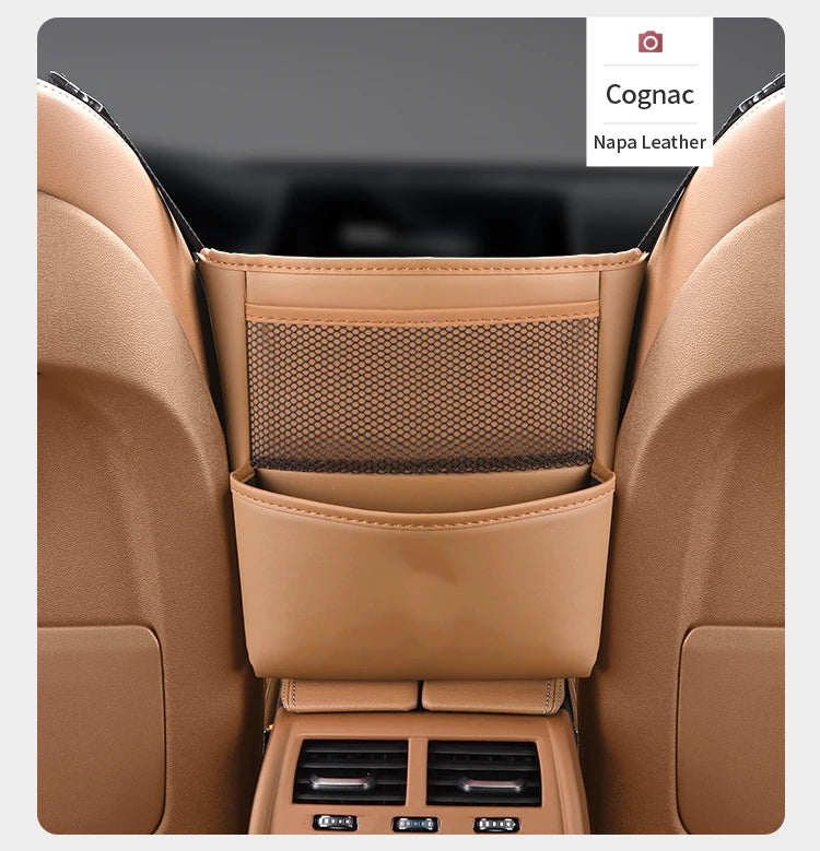 Car Seat Middle Storage Bag PU Leather Car Armrest Hanging Organizer Multifunction Handbag Holder Net Pocket Cup Tissue Storage