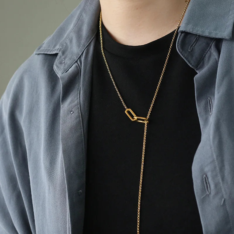 Colier cu pandantiv geometric în formă de Y pentru femei - oțel inoxidabil placat cu aur de 18K - bijuterii de petrecere hip hop cu personalitate la modă