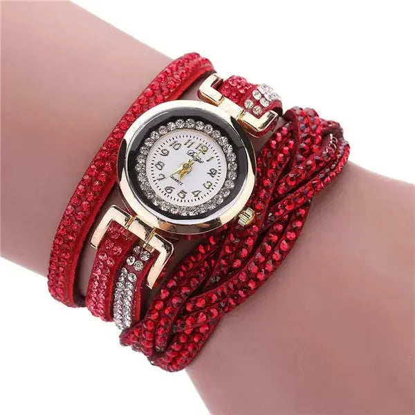 Damen-Uhr 2025: MOONBIFFY Fashion Casual Gold Quartz Women Rhinestone Watch - Braided Leather Bracelet Watch Gift Ladies Wristwatch Relogio Feminino Gift Collection