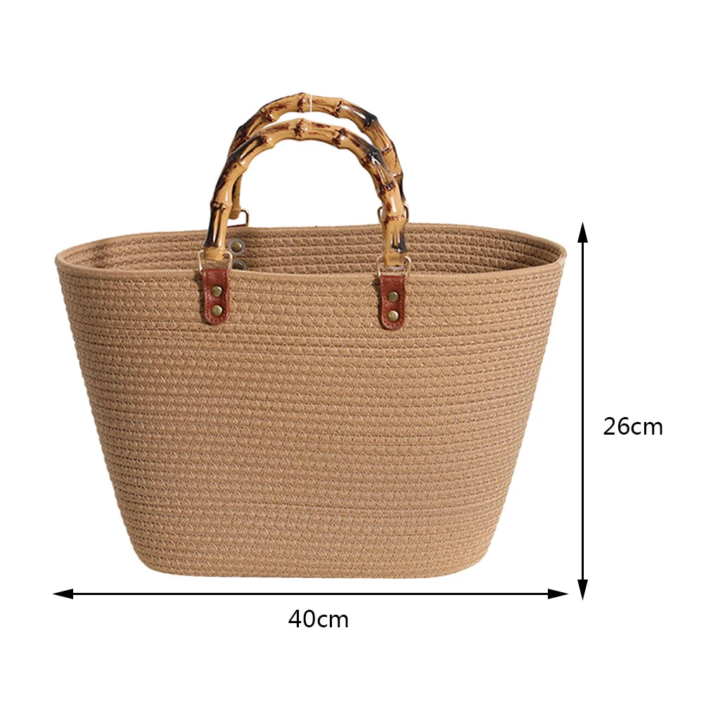 Beach Vacation Bags Bamboo Handle Women Weaving Bag Large Capacity Striped Portable Casual Fashion Exquisite for Seaside Party