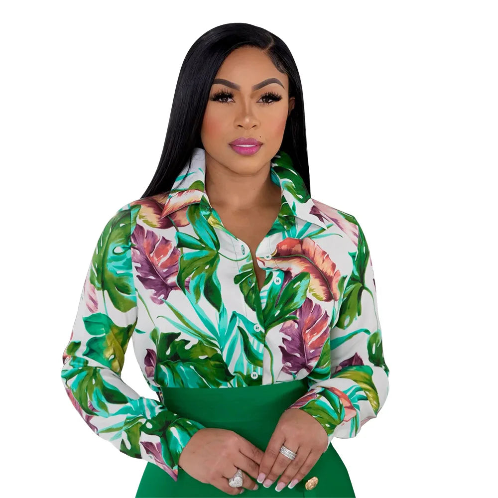 Elegant 2 Piece Set Women OL Outfits Fashion Business Long Sleeve Print Blouse Shirt High Waist Bodycon Skirt Sexy Office Work