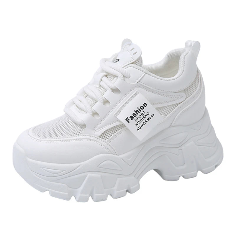 Whiet Breathable Chunky Sneakers Woman 2025 Spring Thick Platform Casual Sneakers Women Non Slip Lace Up Sports Shoes Female