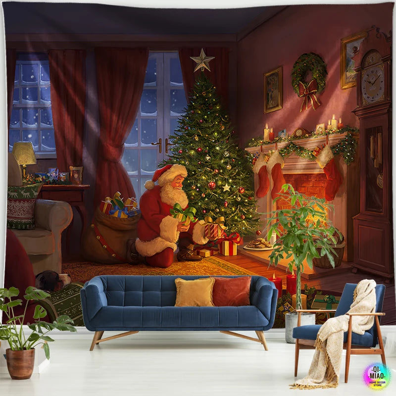 Merry Christmas Tapestry Fireplace Wall Hanging Tapestries Christmas Tree  Room Decoration Santa Claus Home Wall Decor  Large