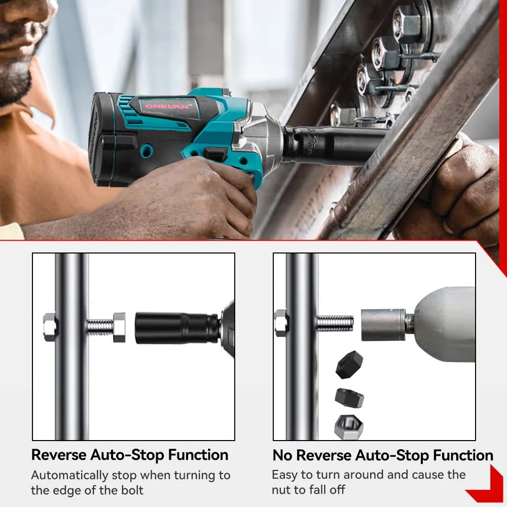 ONEVAN 1200N.M Brushless Electric Impact Wrench 3 Funtion 1/2" Cordless Screwdriver Electric Drill for BL1840B BL1850 18V Batter