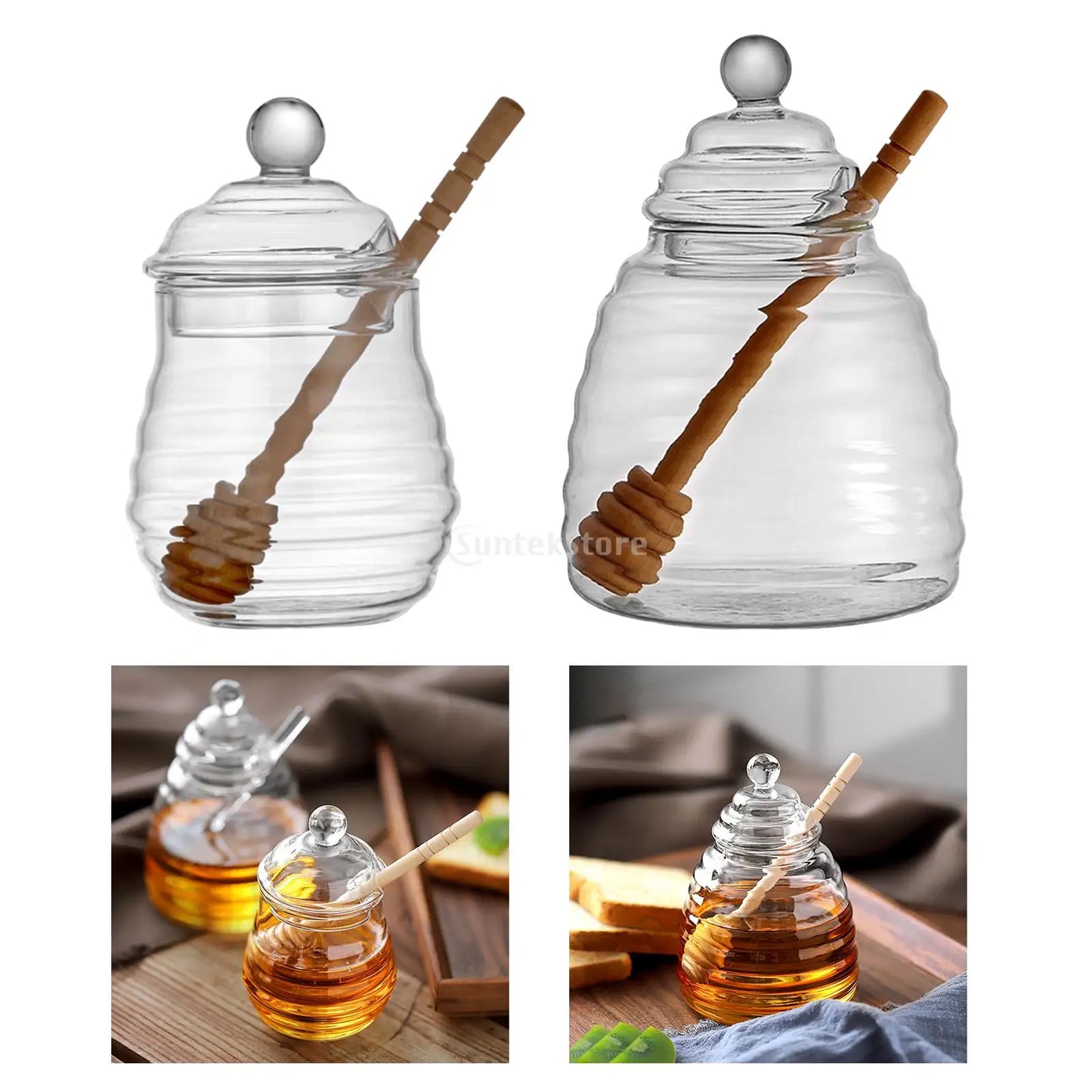 Glass Honey Pot Jar Kitchen Tools Honey Storage Container with Dipper and Lid Honey Bottle for Wedding Party Office Kitchen Home