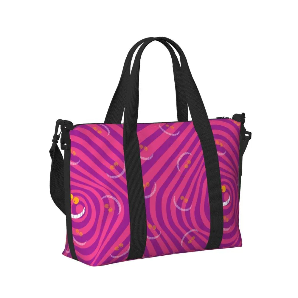 Custom Cheshire Cat Beach Tote Bag for Women We're All Mad Here Cat Big Compartment Gym Beach Travel Bags