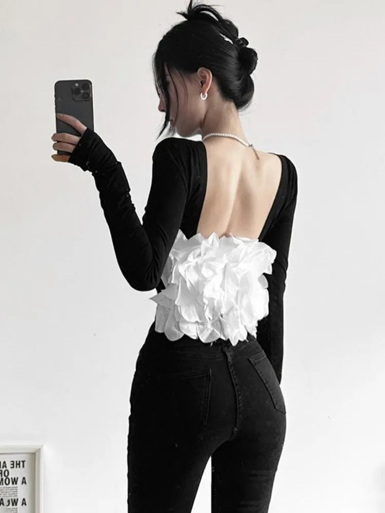 New Sexy Tshirts for Women 2025 Ropa Mujer Patchwork Tops Tunic Long Sleeve Tees Backless Crop  Fashion Casual Y2k T-shirt