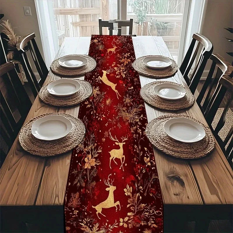 Christmas Table Runner many sizes 2D print burgundy gold snowflake linen feel polyester dining coffee warm