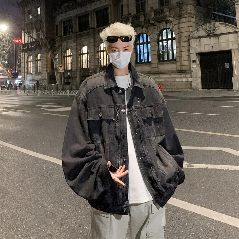 Washed Black Cargo Denim Jacket Men Baggy Zip Up Distressed Outerwear American High Street Blue Loose Casual Jeans Jacket