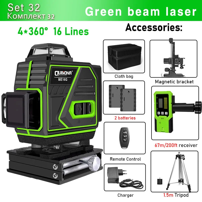 CLUBIONA 16/12 lines Self-leveling Remote Control Outdoor Mode - Receiver Auto 3x360 Green beam Line Laser Level