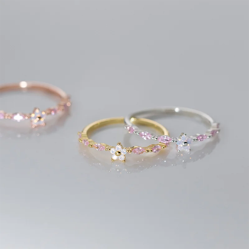 WANTME 925 Sterling Silver Romantic Pink Zircon Flower Open Finger Ring for Women Fashion Sweet Girl Party Luxury Trend Jewelry