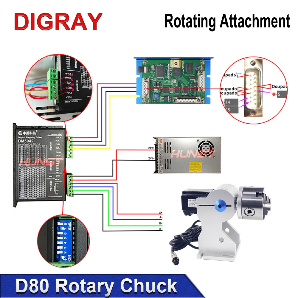 DIGRAY Rotary Befestigung RA-D80A Rotary Gerät mit Drei Chuck +DM5042 Treiber für UV CO2 & Faser Laser Markierung Maschine