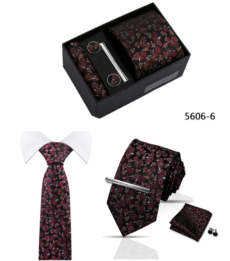 Elegant Men's Suit Necktie Gift Box Set Floral Tie Handchief Cufflinks Tie Clip 4-Piece Business Wedding Party Suit Accessories