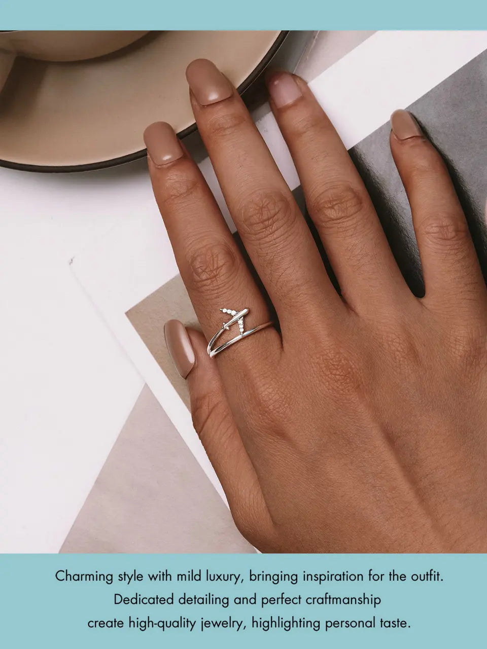 WOSTU 925 Sterling Silver Platinum Airplane Double layer Rings Women Shiny Zircon Aircraft Ring Party Jewelry Girl Holiday Gift