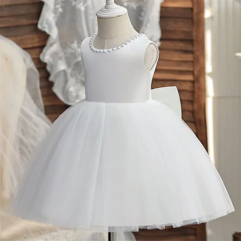 Baby Mädchen Kleid Große Schleife Perlen Rückenfrei 1. Geburtstag Party Kleid Säugling Mädchen Prinzessin Hochzeit Tüll Kleid Taufe Kleid 1-5J