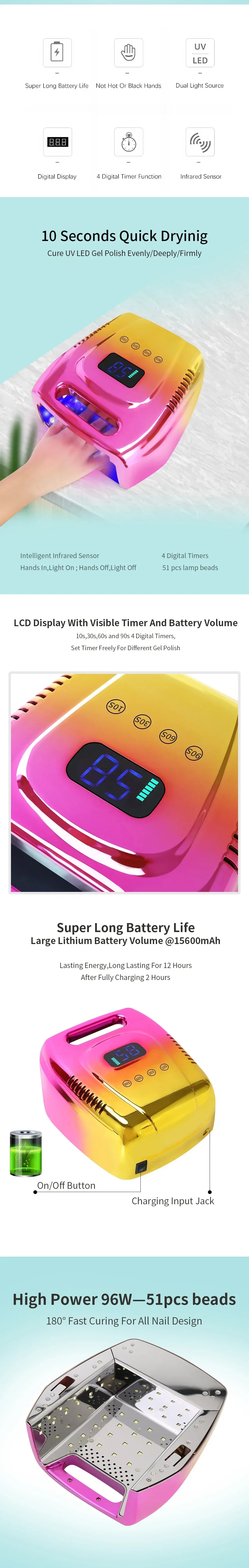 Cordless UV Nail Lamp 51LEDs 96W Professional LED Nail Lamp with Touch Display UV Light for Gel Nails Built-in 3-Timer Modes