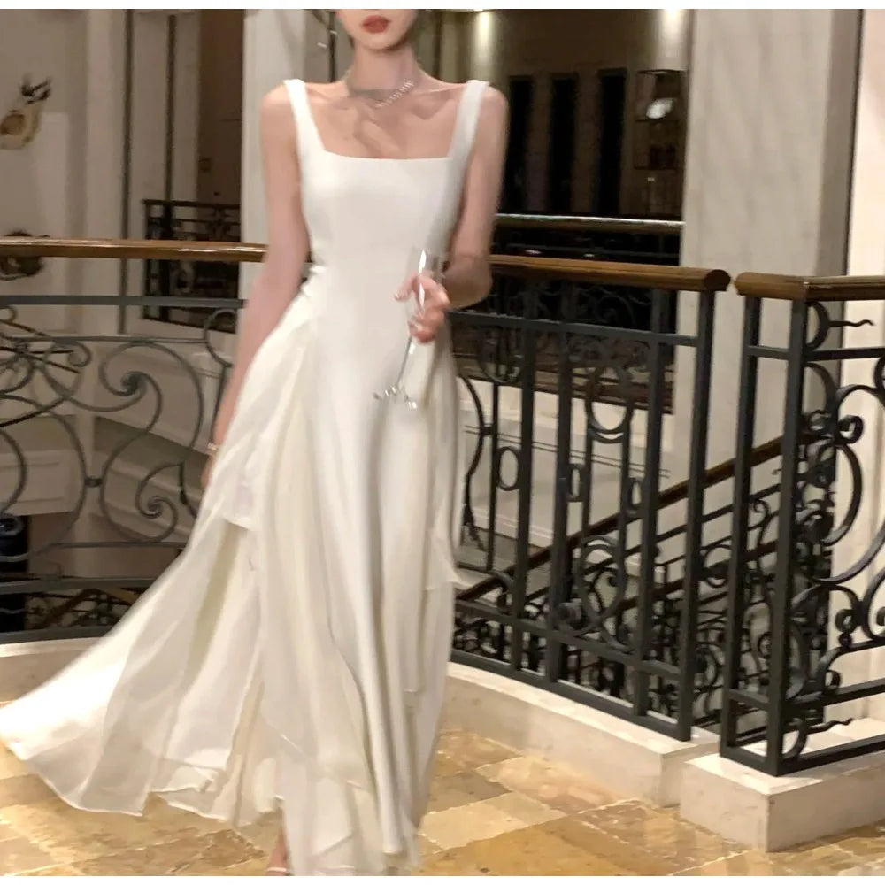 Elegant Dresses for Women Ruffles Sundress Evening Party Dress Sleeveless Square Collar A Line New Prom Robe Korean Vestidos