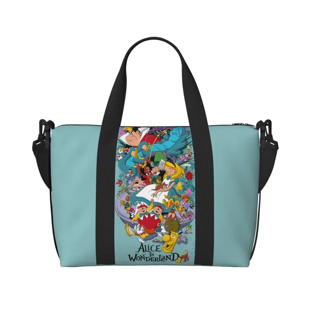 Custom Cheshire Cat Beach Tote Bag for Women We're All Mad Here Cat Big Compartment Gym Beach Travel Bags