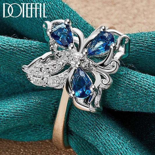 DOTEFFIL 925 Sterling Silver Blue AAA Zircon Fluture Inel Pentru Femei Moda Nuntă Logodnă Petrecere Cadou Charm Bijuterii