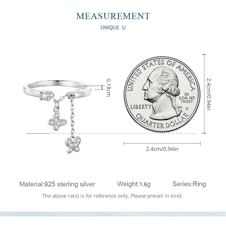 WOSTU 925 Sterling Silver Butterfly Link Open Rings pentru femei delicat strălucitor zircon reglabil inel Fine Party bijuterii cadou