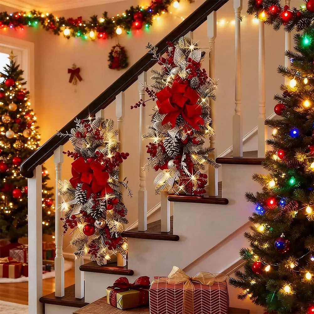 Weihnachtsgirlanden, Treppendekoration, Bäume, Girlande für Treppen, Weihnachtsgirlande mit Lichtern und roten Schleifen, Treppen-Swag-Türdekoration