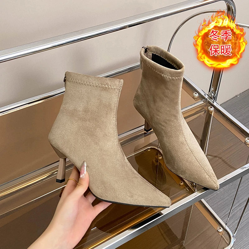 Ghete vintage Ohmmayby, toc subțire - înălțimea tocului 5-8 cm, până la gleznă, căptușeală din fleece