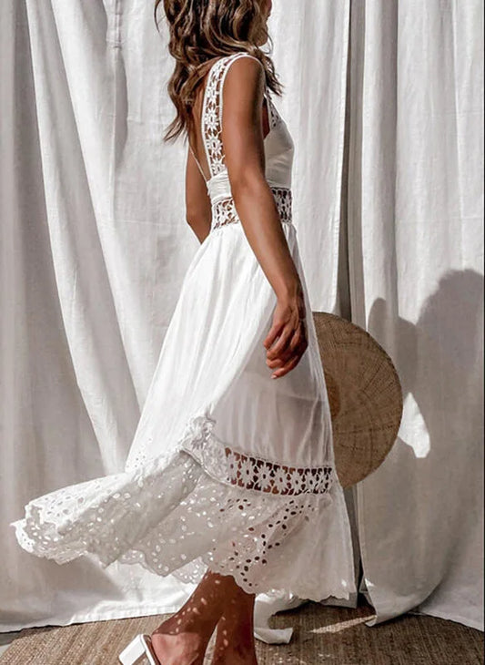 Boho style girl dress white cotton lace sleeveless long summer