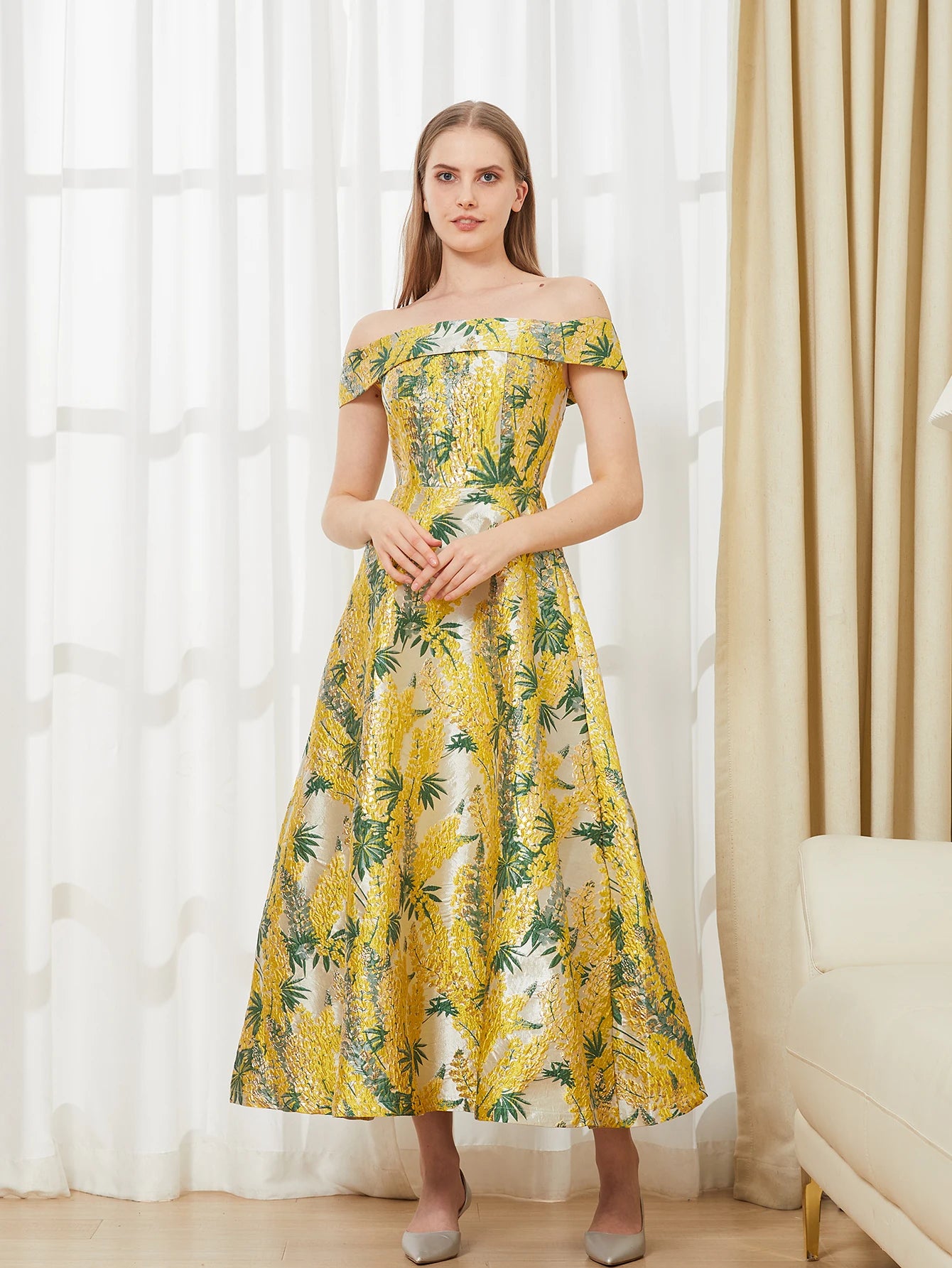 Belle Mode Abendkleid Off-Shoulder Jacquard - Maxi Lang