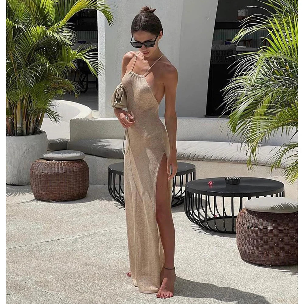 Strandkleid Gestricktes Cover Up Elegant Durchsichtig Maxi Schlitz Bodycon-Schnitt Halter Bikini Cover-Up