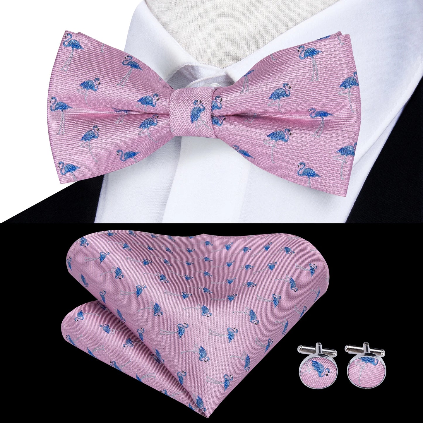 Hi-Tie Peach Pink Salmon Silk Mens Bow Tie Pocket Square Cufflinks Set Pre-tied Butterfly Knot Bowtie for Male Wedding Business